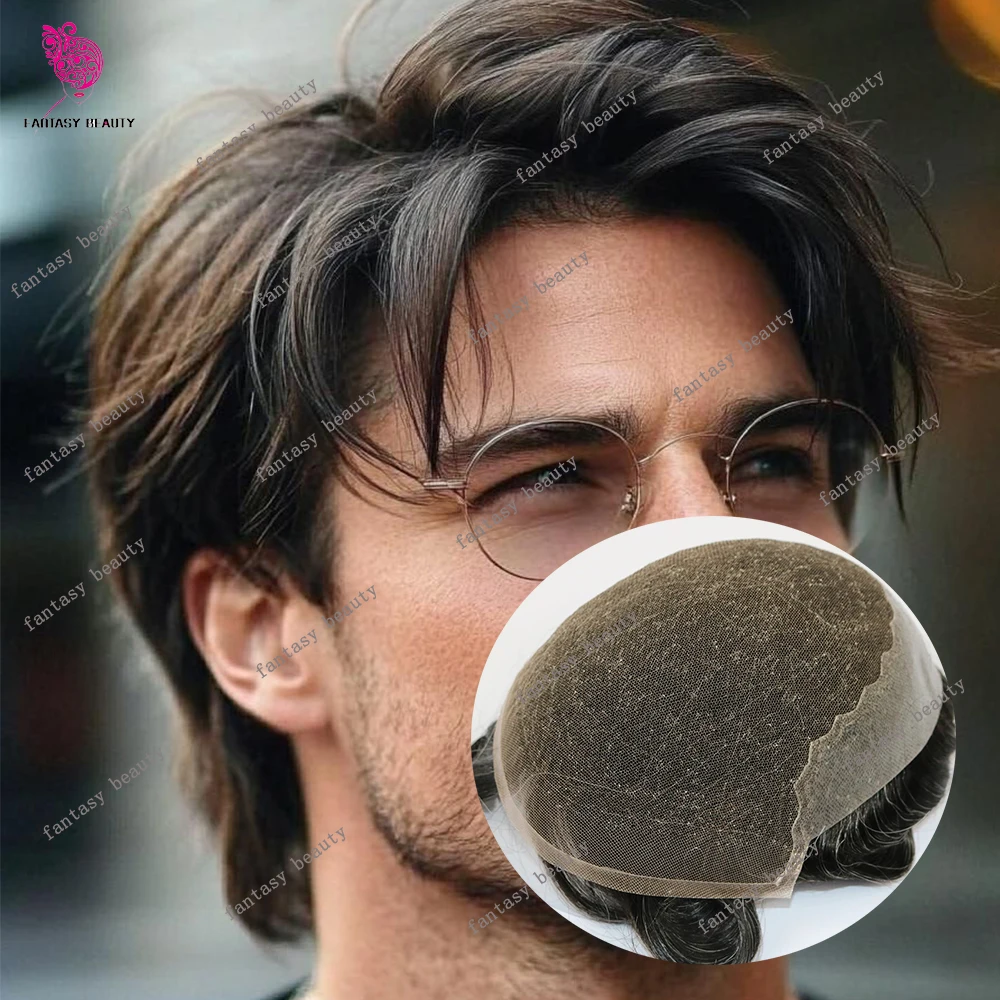 Super Durable Undetectable 1B40 Grey Black Q6 Lace Front Men 22R# Dark Blonde Human Hair Swiss Lace&PU Bleached Knots Toupee Wig