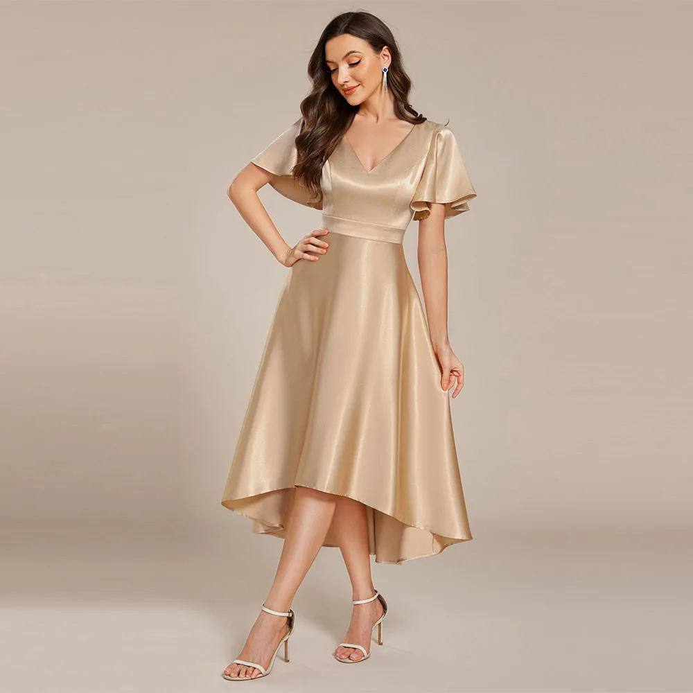 Customized Exquisite Mother of The Bride Dress Women's Satin Short Ruffles Sleeves A Line Empire Waist Wedding Guest Dress 2025
