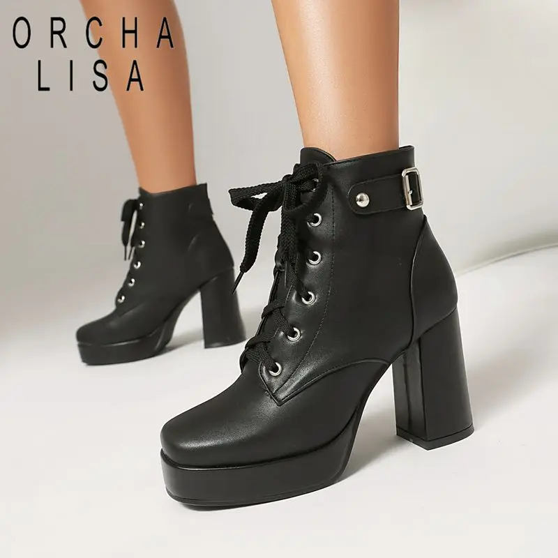 ORCHA LISA 2025 Vintage Women's Ankle Boots Square Toe 9cm Chunky Heels 2cm Platform Lace Up Belt Buckle Plus Size 44 46 Bota
