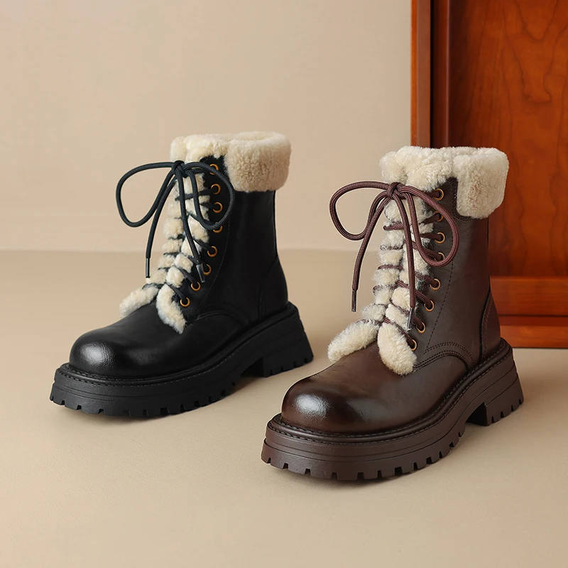 Genuine Leather Cowhide Snow Boots,Warm Wool Ankle Boots,Chunky Winter Lace-Up Warm Women's Boots