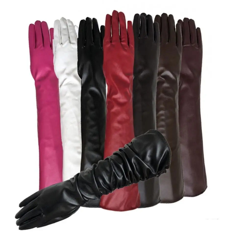 Elastic Solid Color Pu Leather Gloves Touch Screen Full Finger Long Gloves Warm Retro Touch Screen Mittens Stage Performance