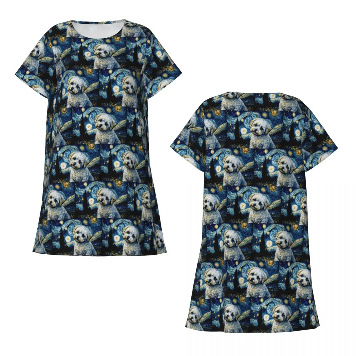 Custom Maltese Terrier Puppy Starry Night Short Sleeves Nightdress For Sleeping Women Short Sleeve Nightgowns Soft Pajama Dress