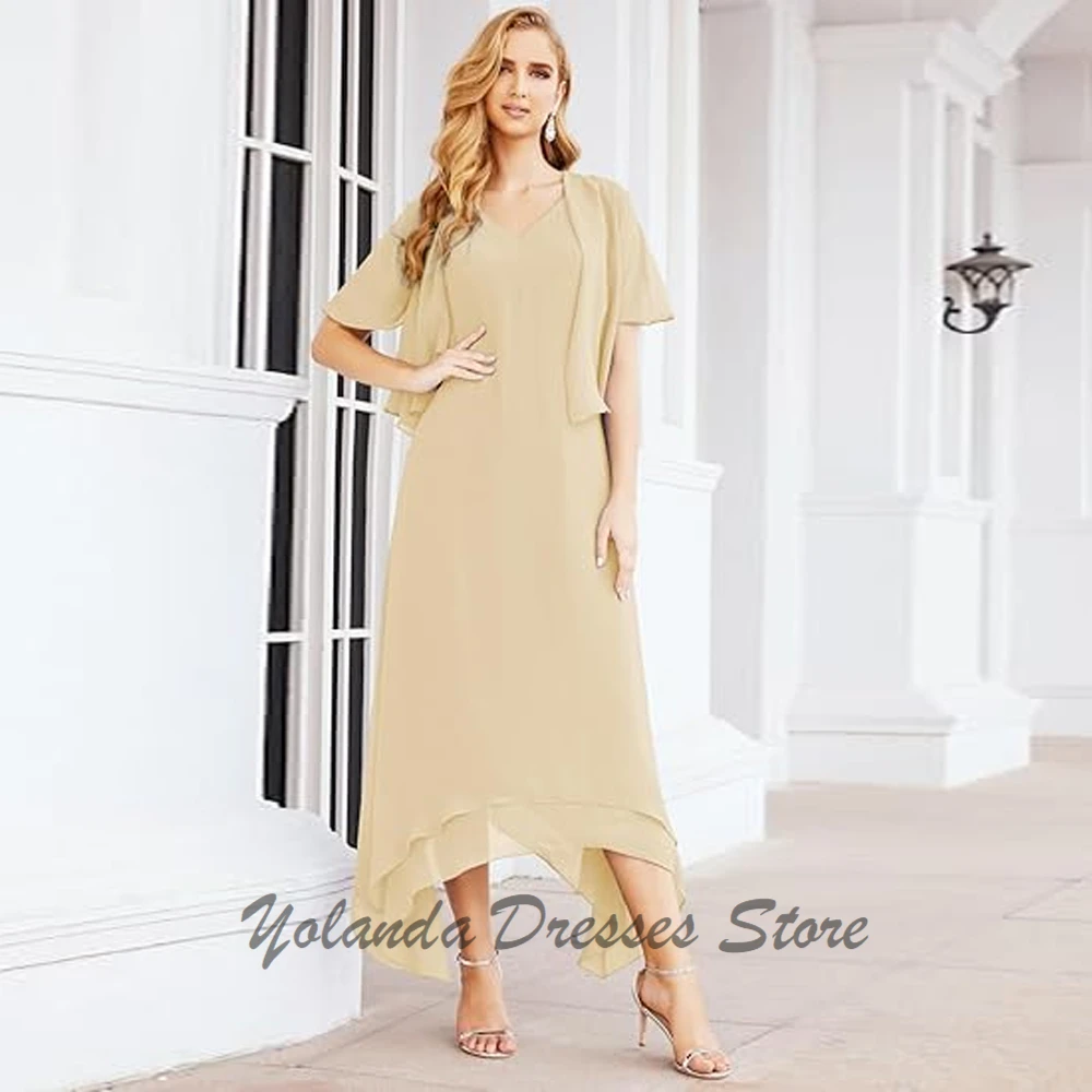 Customized V Neck Mother of The Bride Dresses Formal Evening Short Sleeves Gown Tea Length Wedding Guest Dress 2 Pieces Zipper