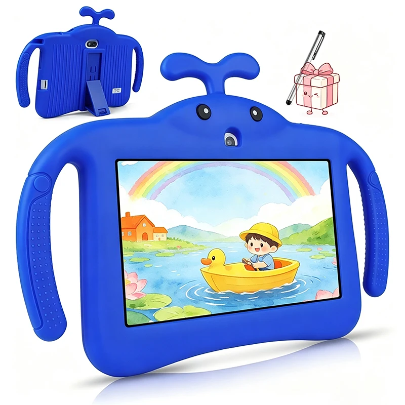 7 Inch Kid Tablet 4GB RAM 64GB ROM 6000mAh Battery Dual Camera Children's Android 15 with Cartoon Case Gift Kids