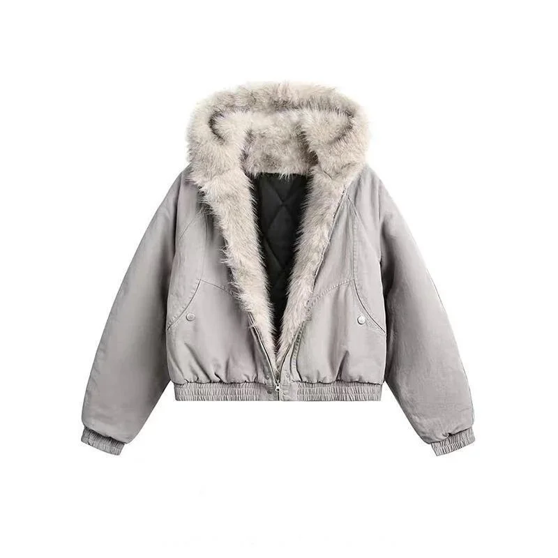 2025 Short Denim Parkas Women's Cotton-padded Coat Autumn Winter Fur Collar Hooded Jacket Thicken Warm Outerwear Loose Jean Tops