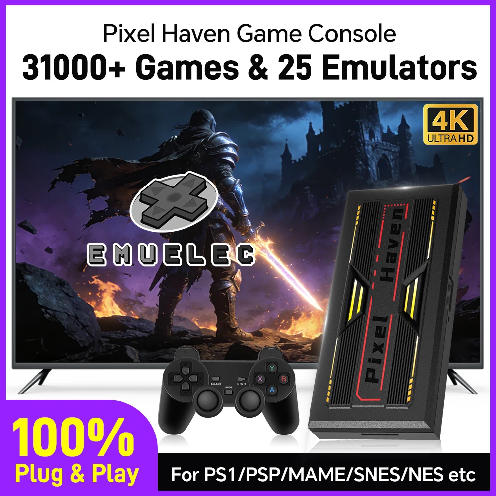 Pixel Haven Retro Game Console EmuELEC 4.7 OS Video Game Player with 31000+ Retro Games for PS1/PSP/MAME/SNES/GB 4K UHD Output