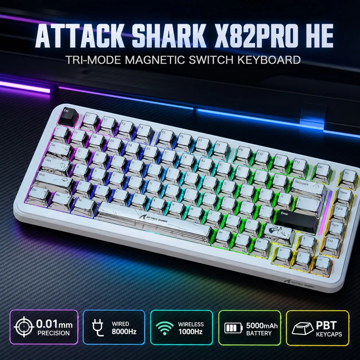 ATTACK SHARK X82Pro HE Magnetic Keyboard, Tri-Mode Connectivity, Wired 8000Hz Polling, Web Driver, Adjustable Rapid Trigger
