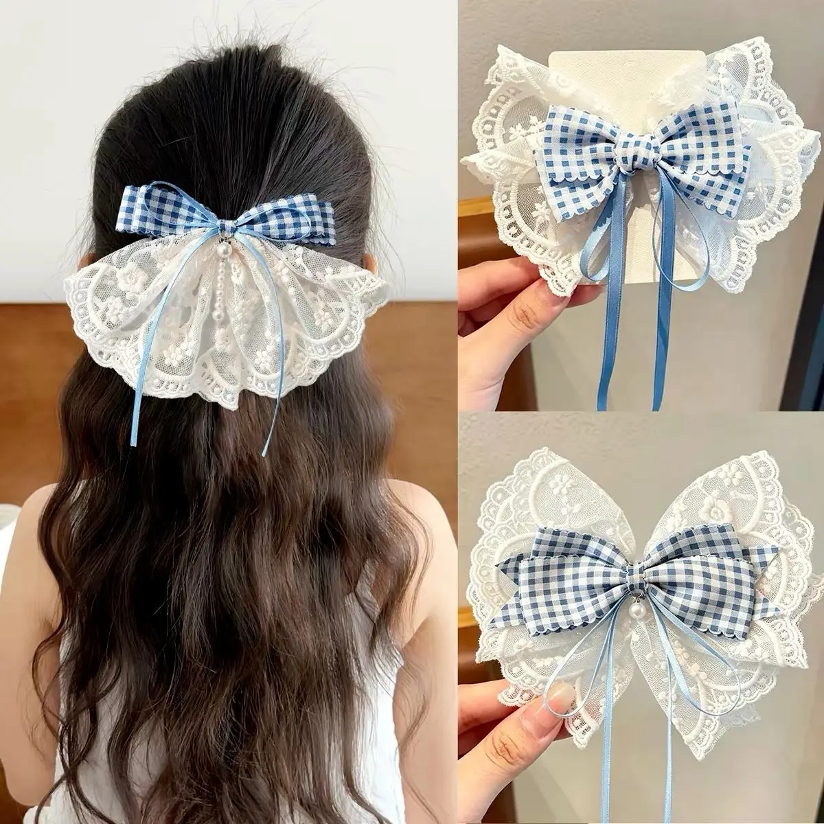 Korean Style Blue & White Bow Hair Clip, Back Head Hair Barrette Decorative Hair Accessory for Women