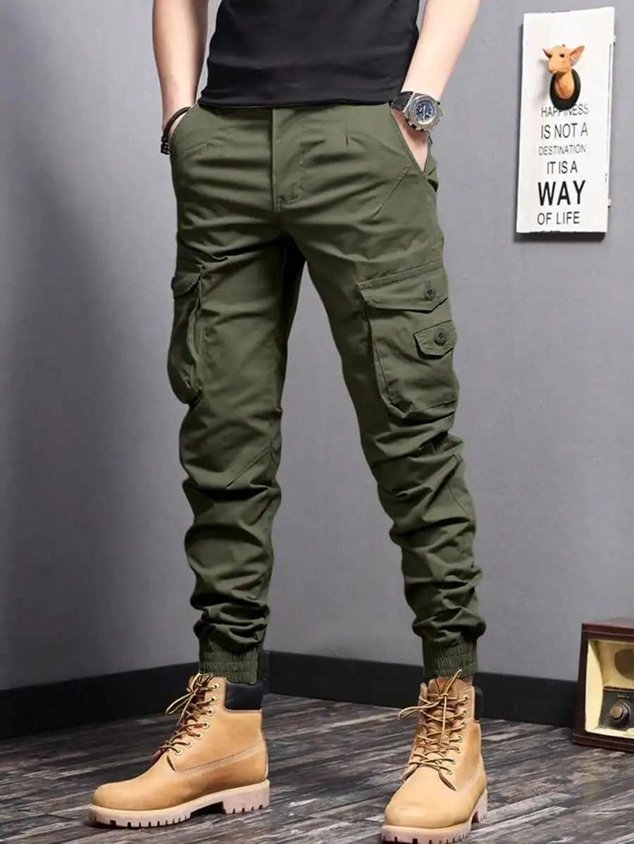 Mens Solid Color Casual Cargo Pants Slim Fit Military Style For Spring Autumn
