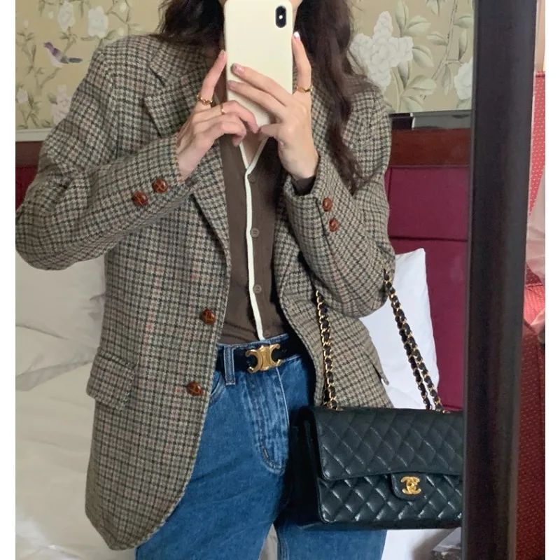 Women's Autumn and Winter Casual Blazer Jacket Retro Houndstooth Lapel Single-breasted Wool Coat Top
