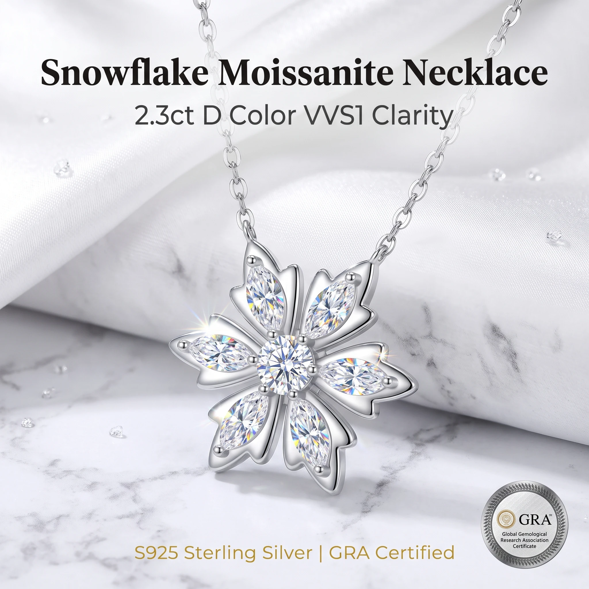 S925 Sterling Silver Snowflake Moissanite Pendant Necklace for Women, D Color VVS1 Total 2.3ct Moissanite Jewelry, GRA Certified