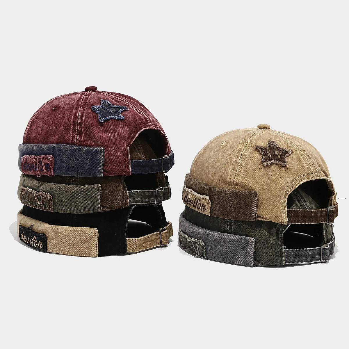 Retro Streetwear Hip Hop Fashion Vintage Color Block Washed Distressed Skull Cap Unisex Five-Pointed Star Print Cuffed BeanieHat