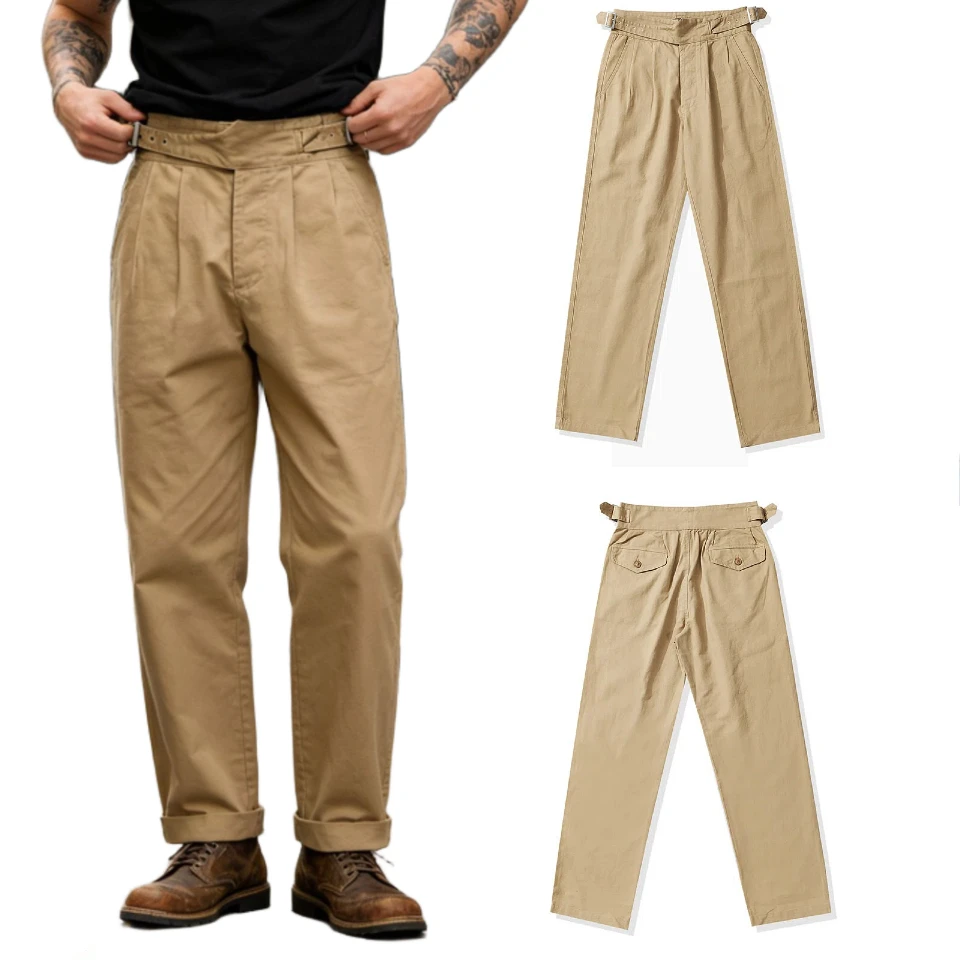 Men High Waist Chino Trousers Side Adjustable Buckle Design Loose Straight Leg Khaki Pants Daily Casual Street Casual Pants