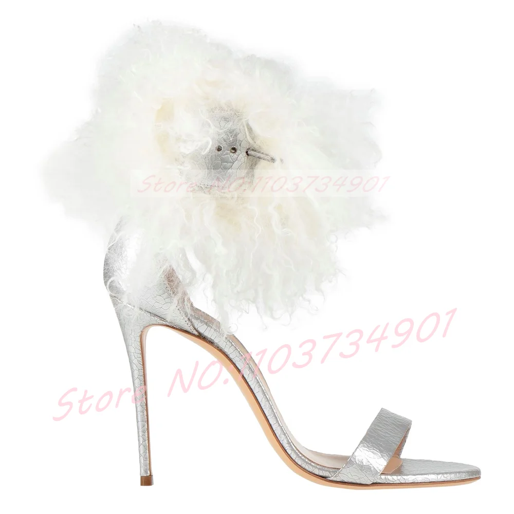 Fluffy Wool Fur Silver Snakeskin Sandals Women White Buckle Ankle Strap High Heels Sandals Ladies Open Toe Fashion Dress Shoes