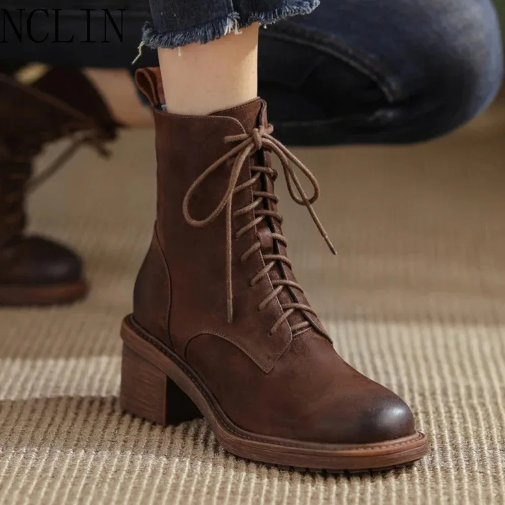 Hot Nubuck Women Boots Winter Retro and Old Lace-up Shoes Woman Short Boots Ankle Boots Thick Bottom Platform Shoes Cross-tied