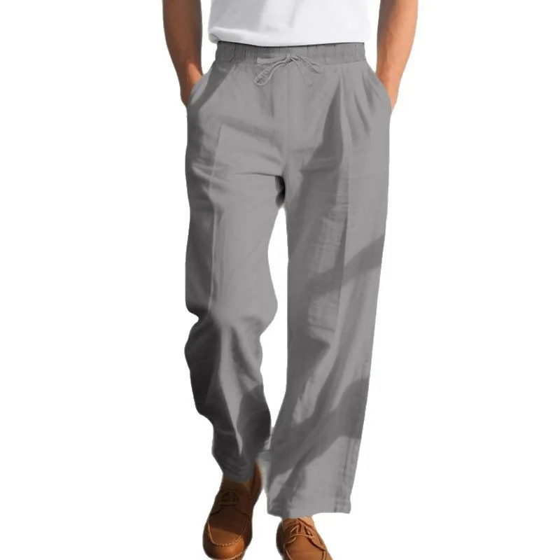 Men American Style Linen Casual Pants Drawstring Waist Straight Wide Leg Beach Trousers
