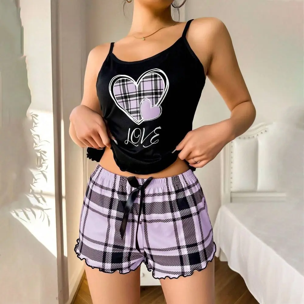 Kawaii Love Heart Women's Pajamas Set Bowknot Homewear Two Piece Nightwear Comfortable Summer Cami Shorts Pajamas Women