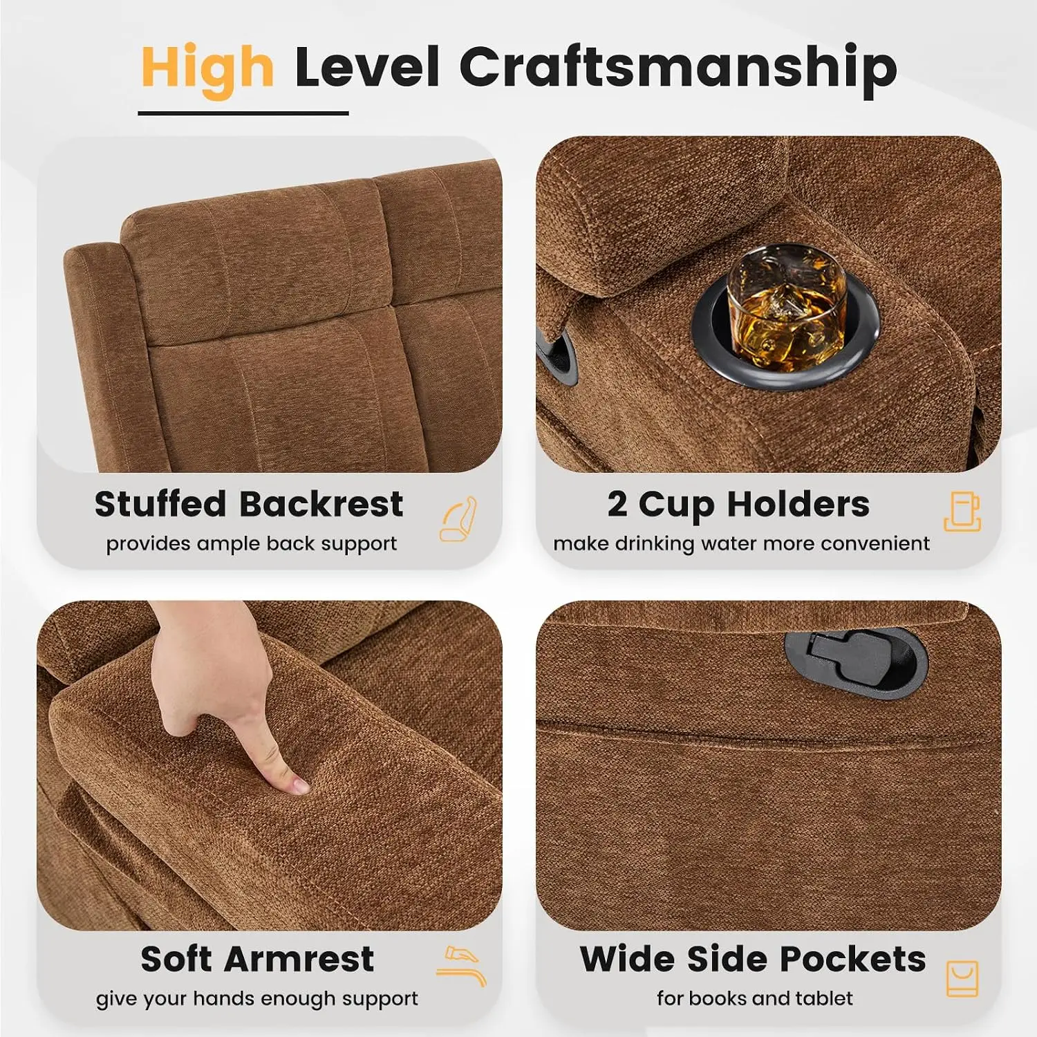 Chenille Recliner Loveseat Sofa, Deep Seat Wall Hugger Design, RV & Living Room Furniture, Brown, Customized