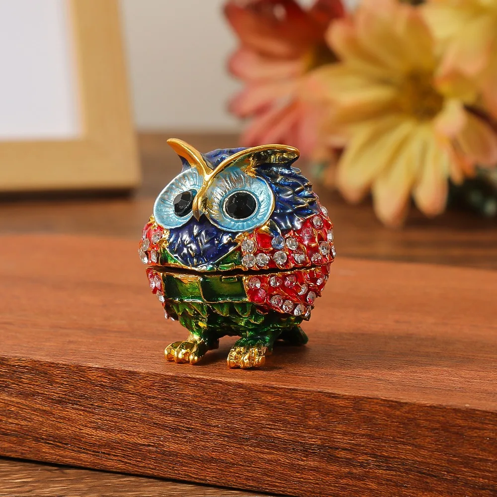 Exquisite Zinc Alloy Enamel Jewelry Box Home Decor Colorful Owl Storage Box Big Eyes Mini Owl Animal Ornaments Gift for Family