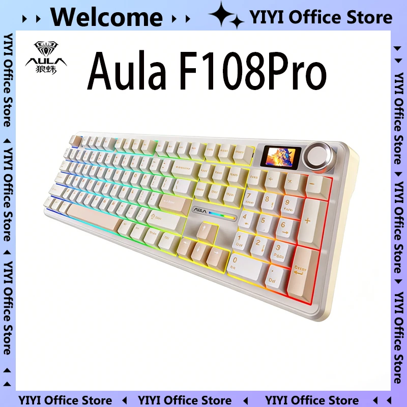 AULA F108Pro/F108 Tri-Mode Mechanical Keyboard Gasket RGB Backlit Multifunctional Display Wireless Bluetooth For Gaming