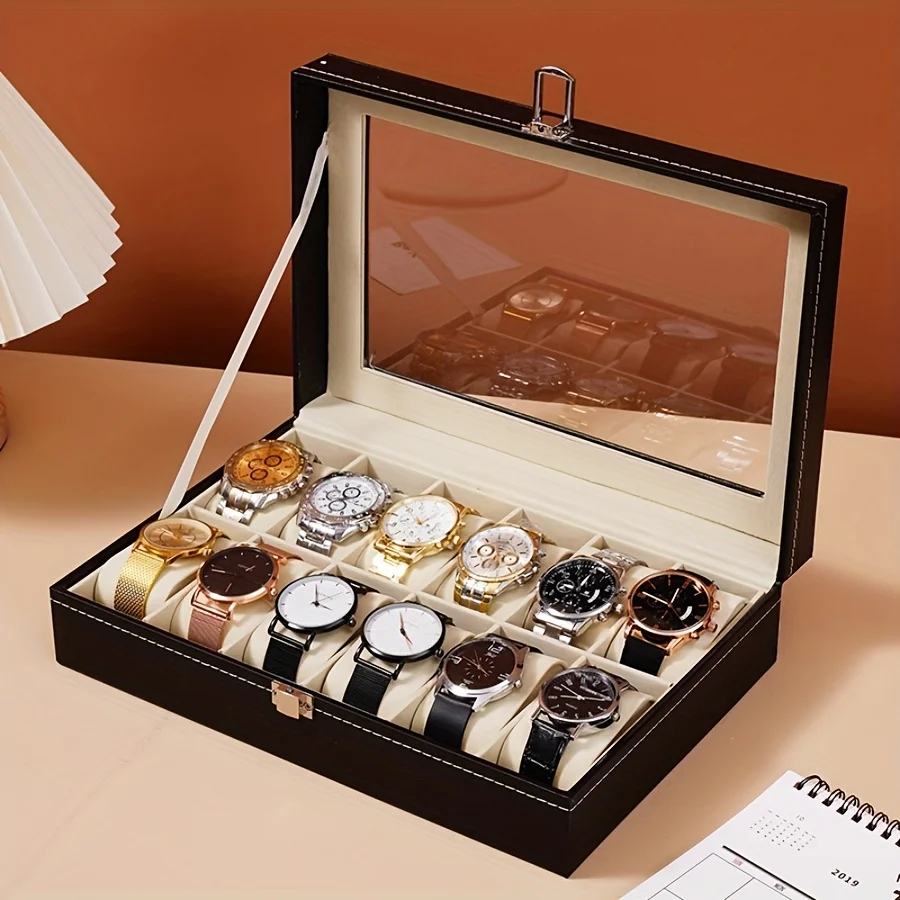 2026 12-Slot Luxury Watch Box with Lock Removable Pillows Synthetic Leather Storage Case for Men