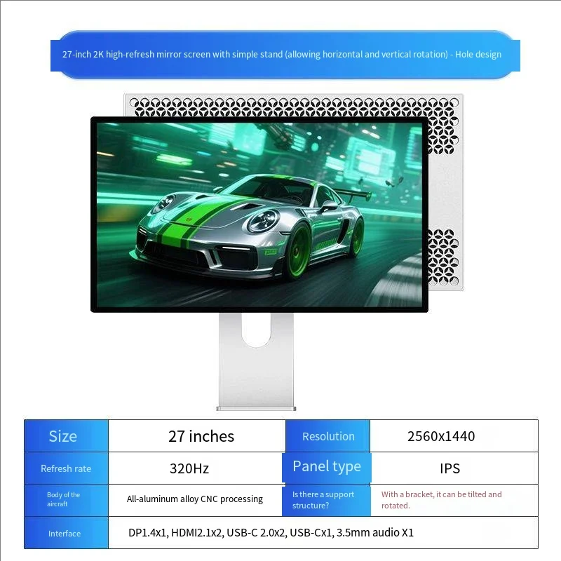KUYCON P27S 27" FAST IPS Screen 2560*1440 2K320Hz/1K120Hz HDMI2.1+DP1.4 Monitor GLOSSY Screen 27 Inch Type-c HDR400 DISPLAY HOLE