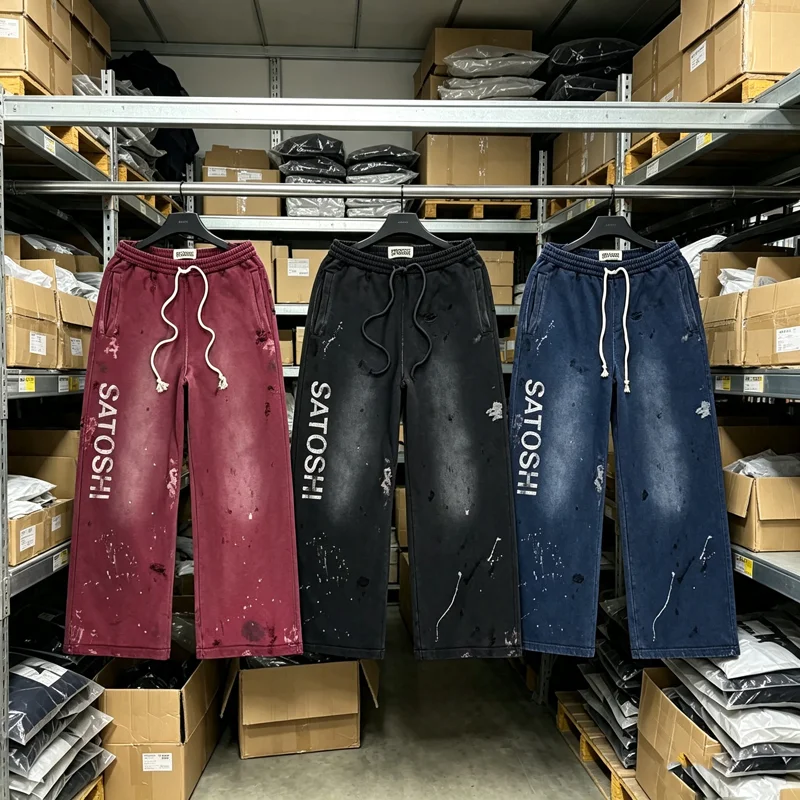 Splashed Ink Hole Damaged Satoshi Nakamoto Sweatpants Men Women Street Washed Loose Drawstring Pants Heavy Terry Cloth Trousers