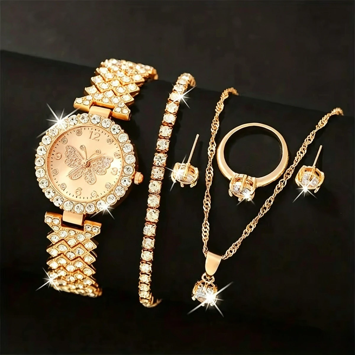 6PCS/Set Luxury Rhinestone Butterfly Women Quartz Watch Fashion Ladies Bracelet Strap Quartz Wristwatch Jewelry SetWithout Box