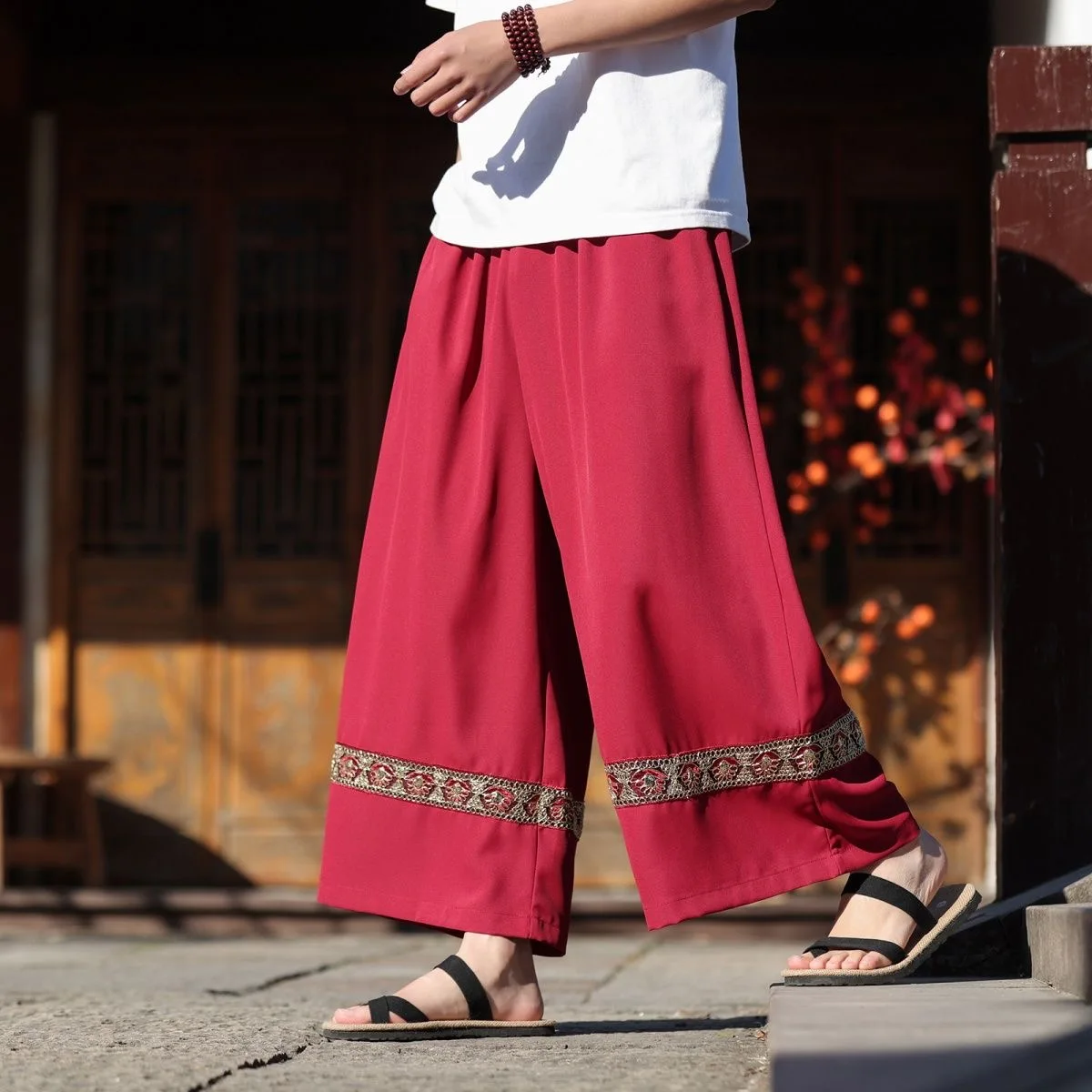Men Chinese Ethnic Wide Leg Pant Male Summer Thin Breathable Trouser Pocket Trendy Casual Relax Streetwear High Street Pantalone