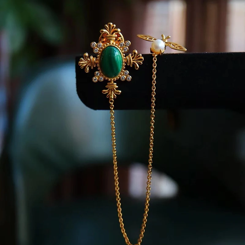 MIQIAO Stylish Brooches Bee Pearl Natural Stone Malachite Badges 925 Sterling Silver Luxury Brooches For Women Brooches Clothing