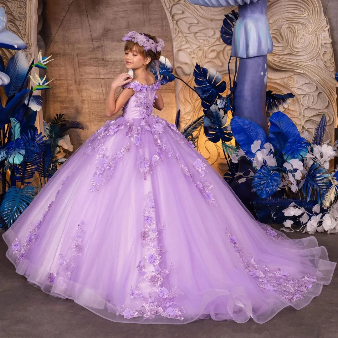 Customized Purple Flower Girl Dress For Wedding Appliques Short Sleeve Floor Length Kids Birthday Party First Communion Gown