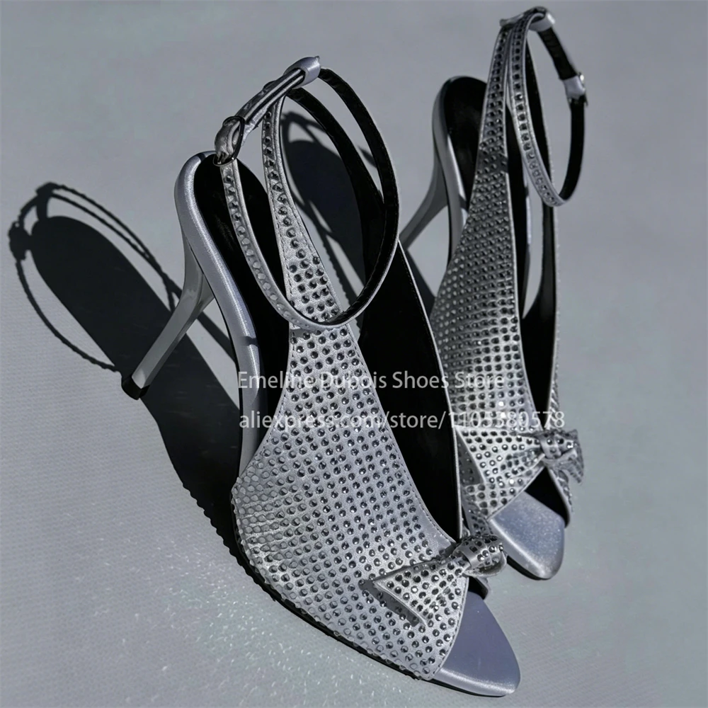 Satin Rhinestone Bowknot Slingback High Heel Sandals Ankle Strap Peep Toe Stilettos Party Wedding Fashion Dress Shoes for Women