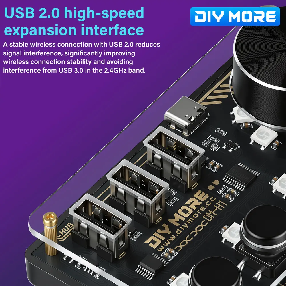 Diymore Hub Docking Station 4Buttons Desktop HID Controller CH554T EC11 Rotary Encoder Volume Adjustment with 11 RGB Light Beads