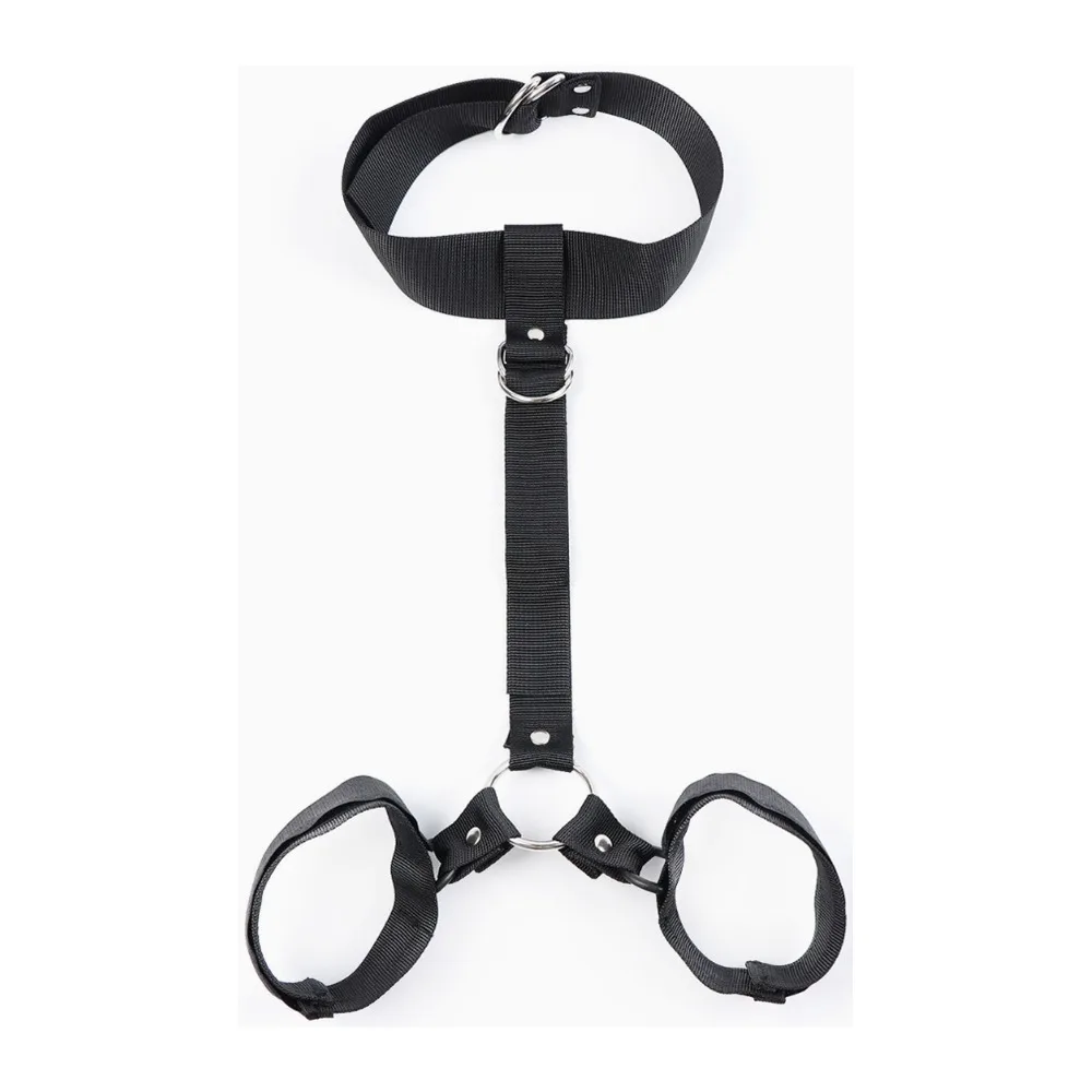 Adjustable Behind the Back Wrist Restraint Harness with Neck Collar Two Padded Cuffs Connecting Strap for Adults BDSM Role Play