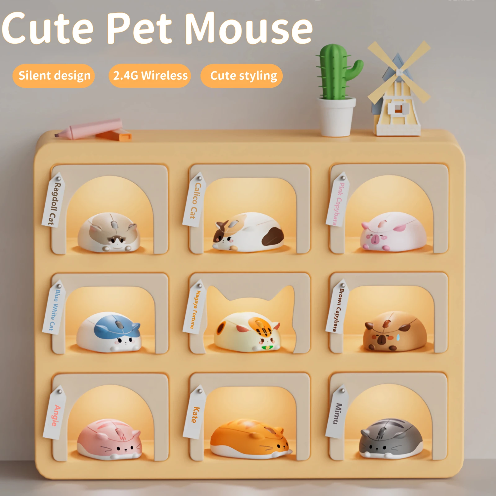 Cute Cartoon Animal Pet Kitten Design Mouse Wireless Silent Optical Ergonomic Cat Mice Desktop Laptop Universal For Girl Gift
