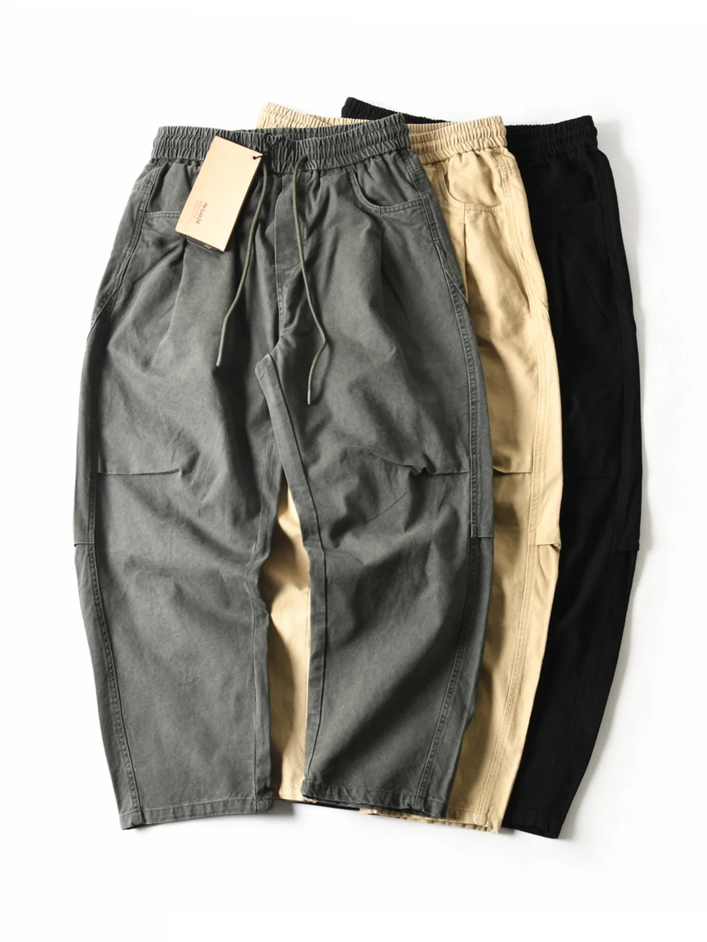 American Style Loose Fit Cotton Straight Leg Knife Pants Men's Autumn Elastic Waist Workwear Casual Long Trousers
