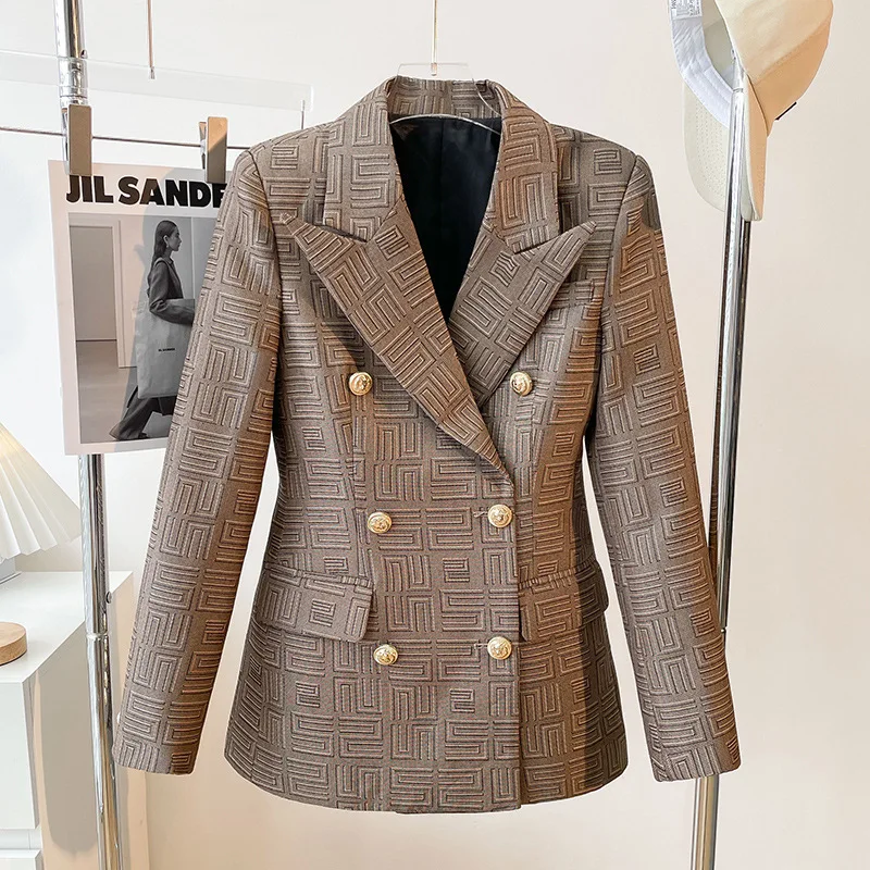 Women Temperament Commuter Blazer Brown V-neck Metal Button Jacquard Plaid Short Suit Coat