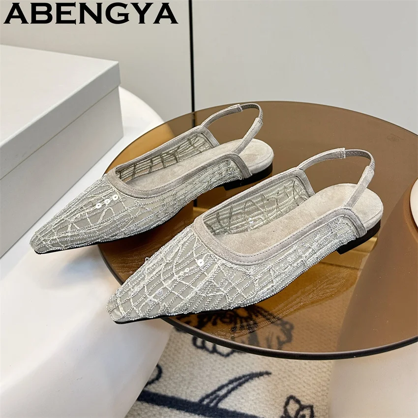 2026 Summer New Shiny Sexy Lace Pointy Toe Flats Sandals Woman Quality Sequined Flat Slippers for Women's Mesh Stiletto Sandals