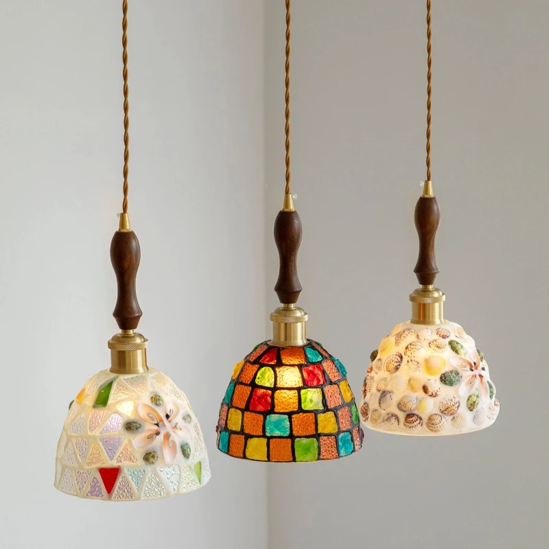 American Vintage Glass LED Hanging lamp Copper Pendant Lamp Living Dinning Room Bedside Bedroom Loft Tiffany Style Pendant Decor
