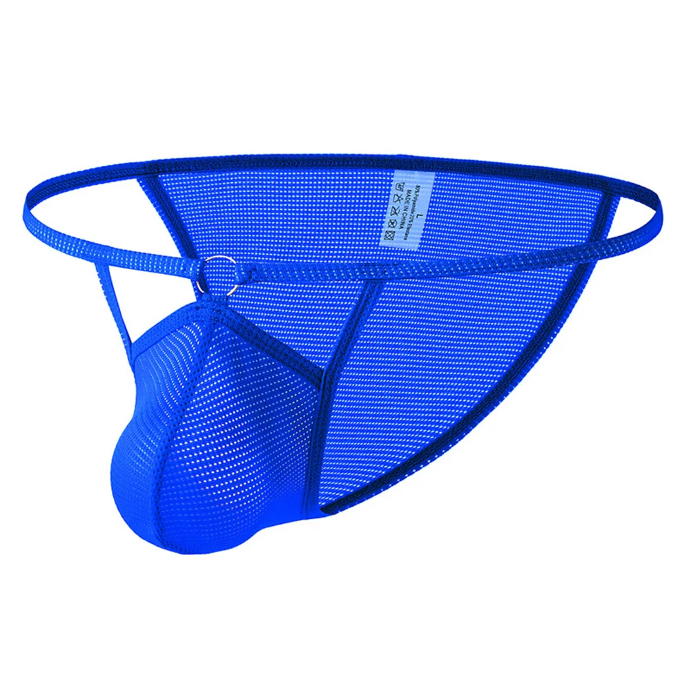 Men's Mesh See-through T-back Thong Underwear Low Rise Breathable Briefs U-convex Pouch Sexy Panties With Metal Ring Decoration