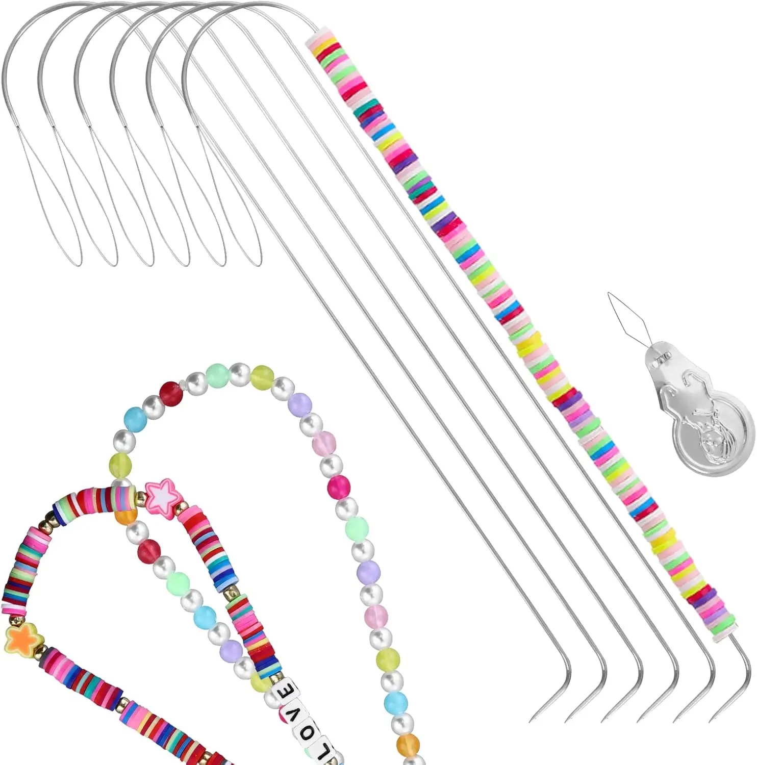 6 PCS Large Eye Curved Beading Needles with 1pc Bead Needle Threader, 13.7cm Flexible Beading Needle for Bead Spinner, Bead Spin