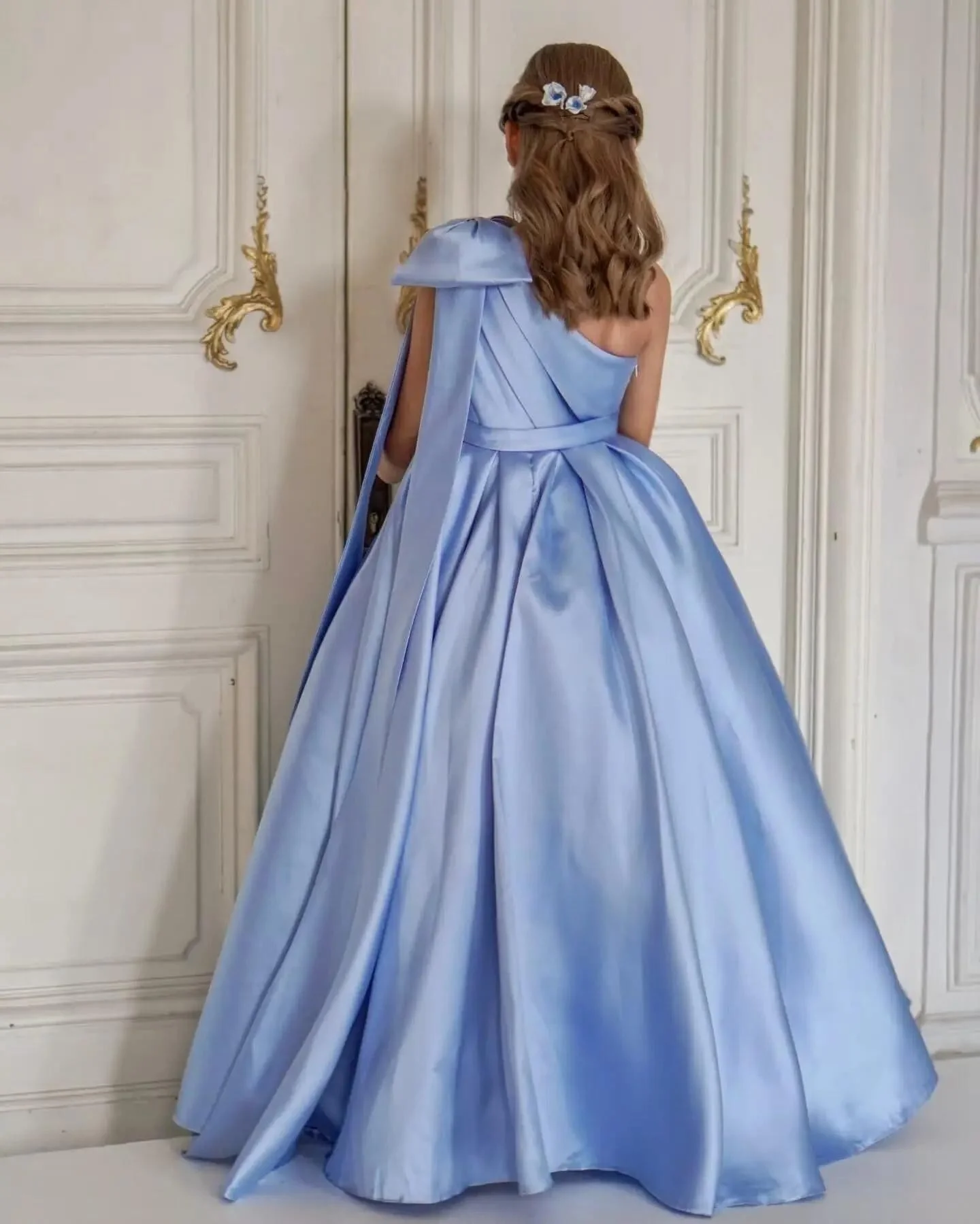 Custom Luxury Light Blue One Shoulder Satin Bow Sash Maxi Flower Girl Gown Pageant Runway Guest Bday Kids Wedding Formal Party