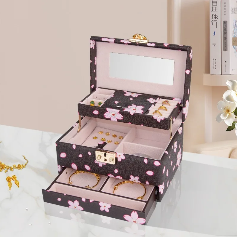 Leather Jewelry Box Luxury Mirror Earrings Storage Boxes Large Capacity Necklaces Display Case Multi Layer Jewellery Showcase