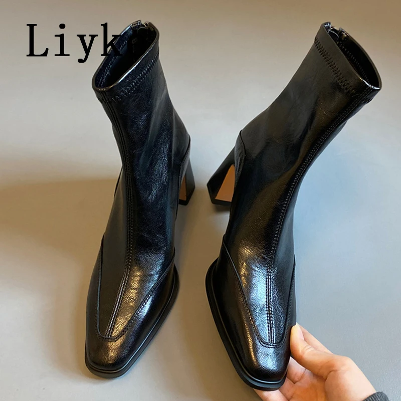 Liyke 2026 Autumn Winter Cozy Square Toe Office Vegan Leather Ankle Boots For Women Chunky Heels Chelsea Shoes Short Botas Mujer