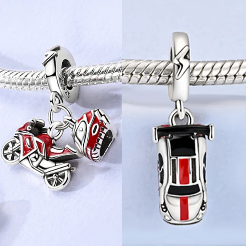 925 Sterling Silver Racing Motorcycle Charm Bead Pendant Fit Original Bracelet Necklace DIY Women Jewelry Making