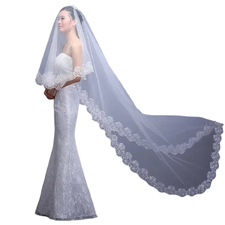 Bridal Lace Trim 300 cm Wedding Veil Ivory White Long Length Marriage Party Veils For Brides