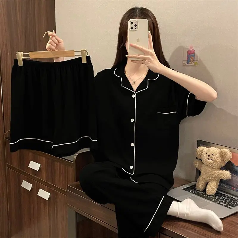 Women Summer Short-sleeve Shorts Long Pants Pajama Set Girl Student Loose Three-piece Set Woman Casual Homewear Girls Loungewear