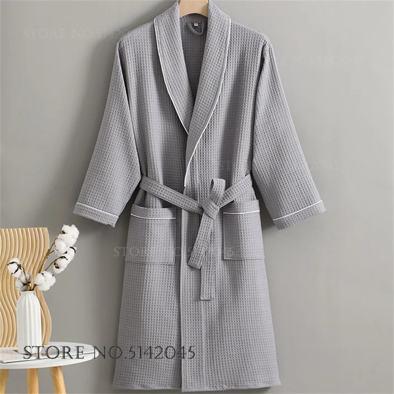 100% Cotton Waffle Couple Robe Sleepwear Elegant Solid Kimono Bathrobe Gown Loose Casual Adult Homewear Nightwear Lounge Wear