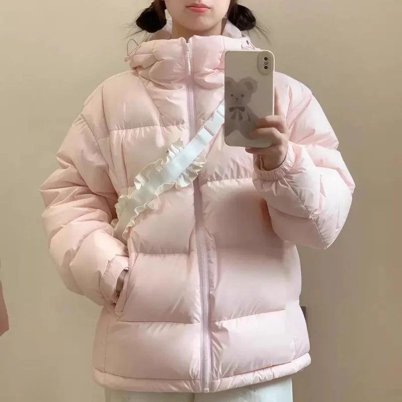 Women Winter Short Quilted Coat Lady Pink Thickened Simple College Style Loose Korean Style Padded Jacket Outerwear