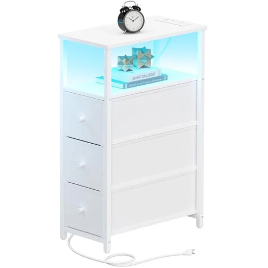 Narrow LED Night Stand Charging Station Slim End Table ins Tall Side Table with 3 Fabric Drawer Small Bedside Table with Storag